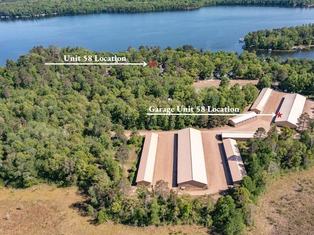 bird's eye view featuring a forest view and a water view