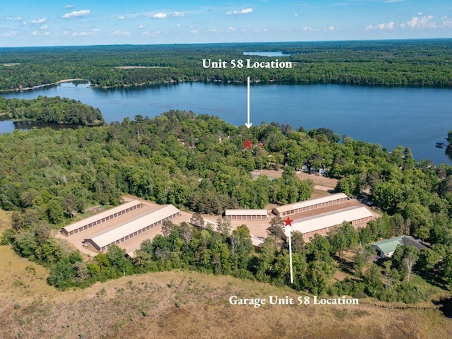 bird's eye view with a forest view and a water view