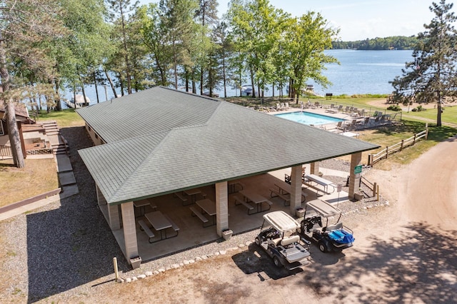 aerial view featuring a water view