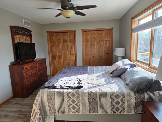 bedroom featuring visible vents, two closets, baseboards, wood finished floors, and a textured ceiling