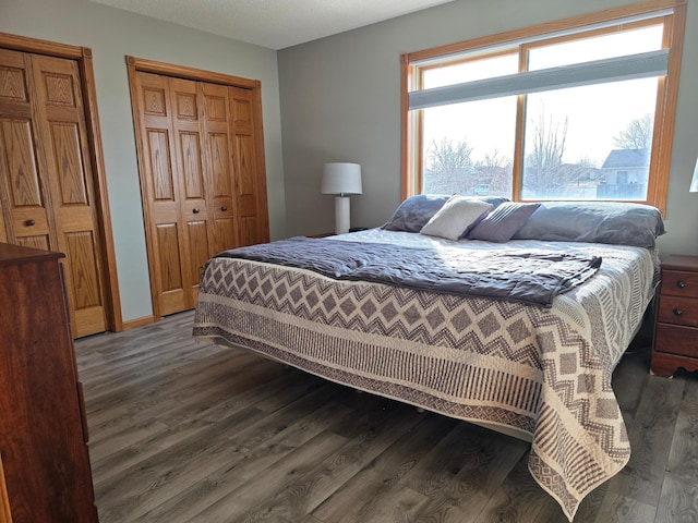 bedroom with dark wood-style floors and multiple closets