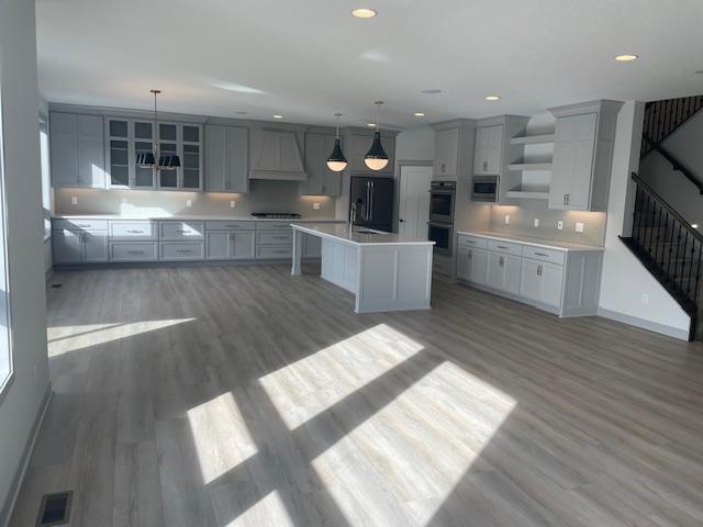 kitchen with light wood-style flooring, open shelves, a sink, appliances with stainless steel finishes, and custom exhaust hood