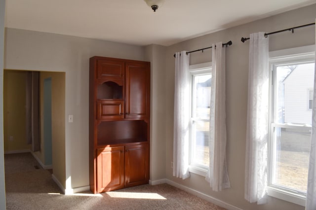 interior space with baseboards and light colored carpet