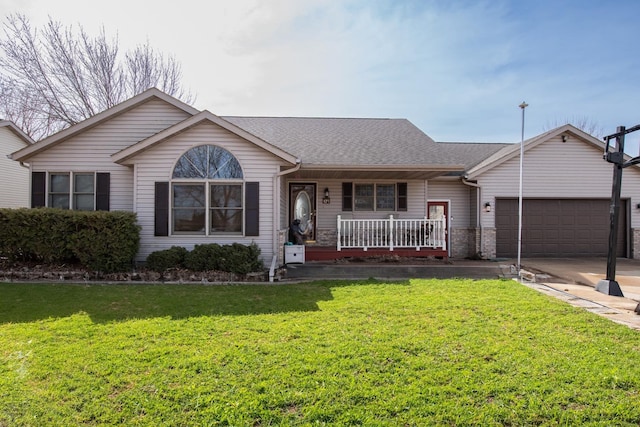 ranch-style home with a front yard, driveway, roof with shingles, covered porch, and a garage