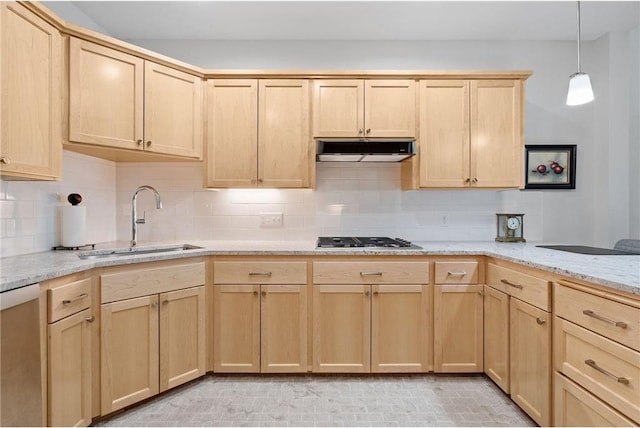 kitchen featuring tasteful backsplash, light brown cabinetry, under cabinet range hood, appliances with stainless steel finishes, and a sink