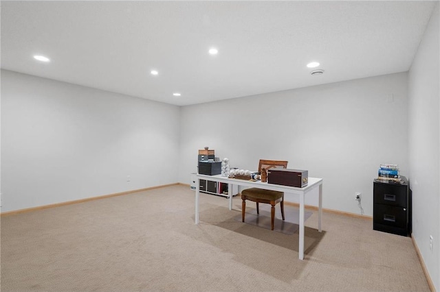 home office with recessed lighting, baseboards, and light colored carpet