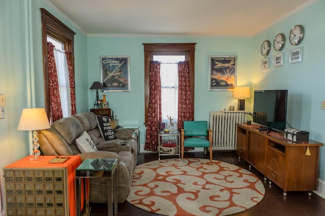 living room with dark wood finished floors, radiator heating unit, and ornamental molding