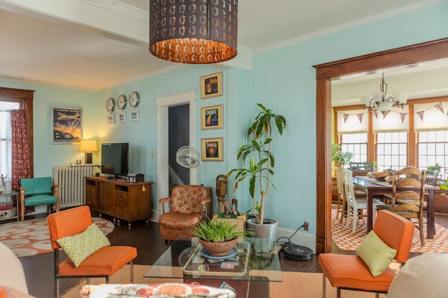 living room with a wealth of natural light, a notable chandelier, radiator, and wood finished floors