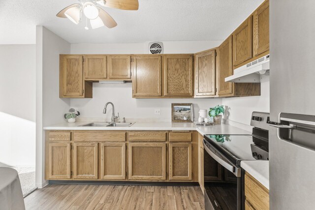 kitchen featuring light countertops, under cabinet range hood, a sink, light wood finished floors, and appliances with stainless steel finishes
