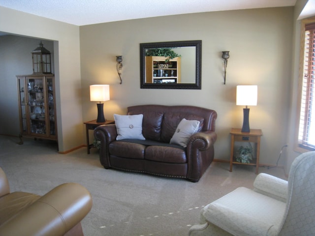 carpeted living room with baseboards