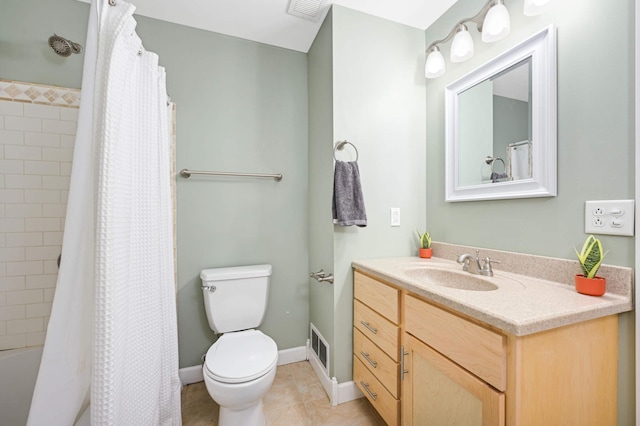 full bathroom featuring tile patterned flooring, visible vents, baseboards, toilet, and vanity