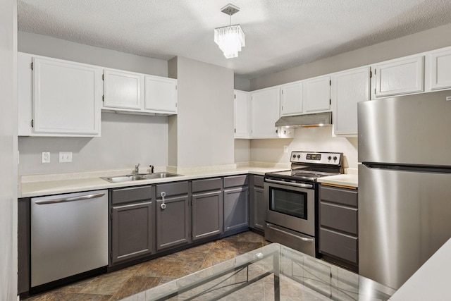 kitchen featuring white cabinetry, gray cabinets, under cabinet range hood, and stainless steel appliances