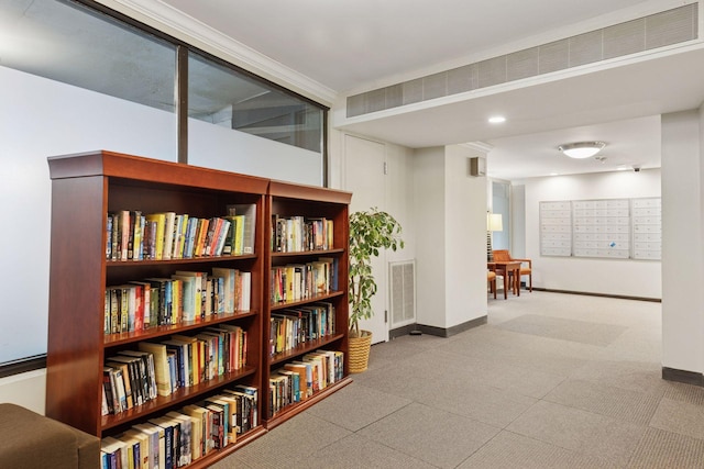 living area featuring visible vents, baseboards, and mail area