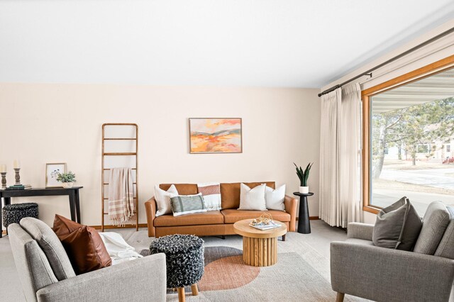 living room featuring light carpet