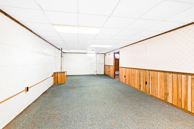 finished basement featuring carpet, a wainscoted wall, wallpapered walls, wooden walls, and a paneled ceiling