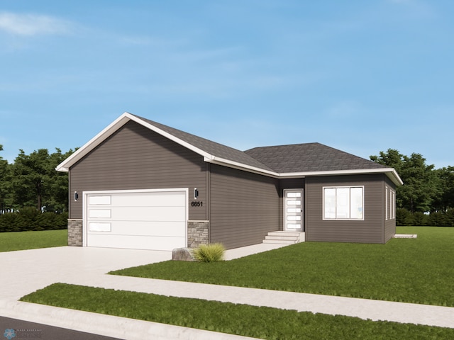 ranch-style house with a front yard, an attached garage, a shingled roof, concrete driveway, and stone siding