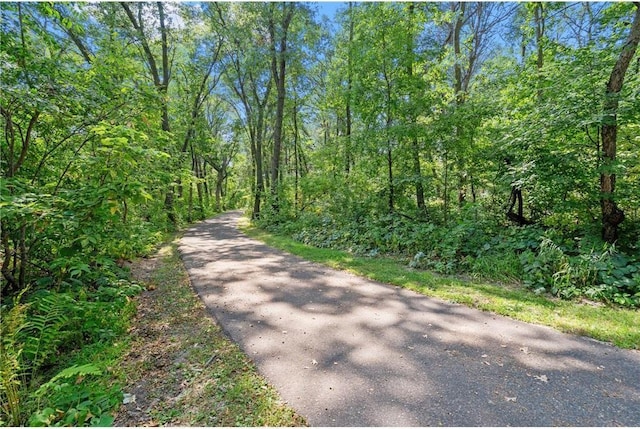 view of street with a forest view