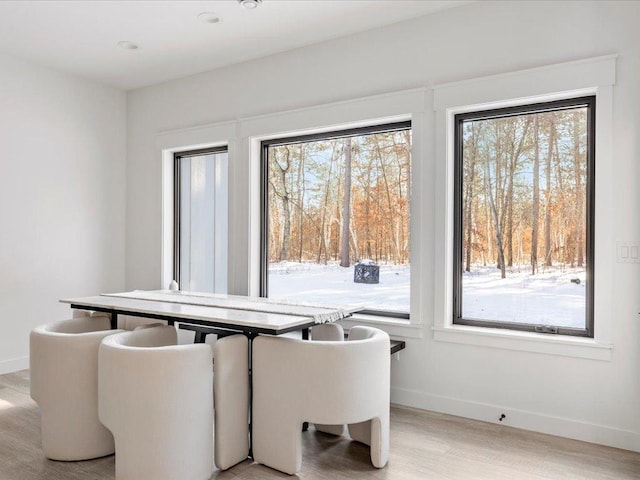 dining space featuring baseboards, a healthy amount of sunlight, and light wood-style flooring