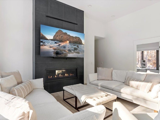 living area with a large fireplace and wood finished floors