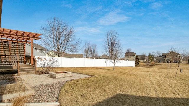 view of yard with an outdoor fire pit, a pergola, a patio, and fence