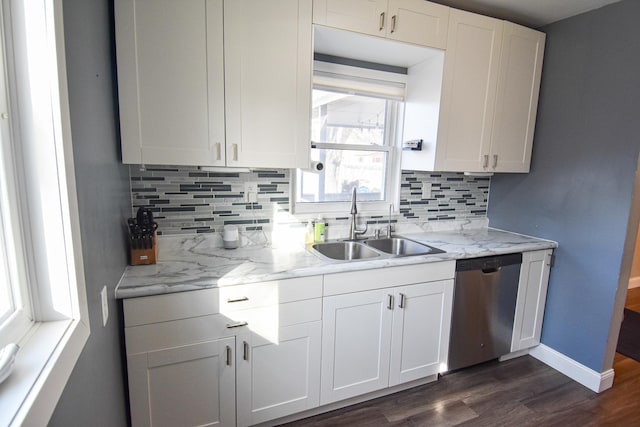 kitchen featuring white cabinetry, a sink, dark wood-type flooring, dishwasher, and tasteful backsplash