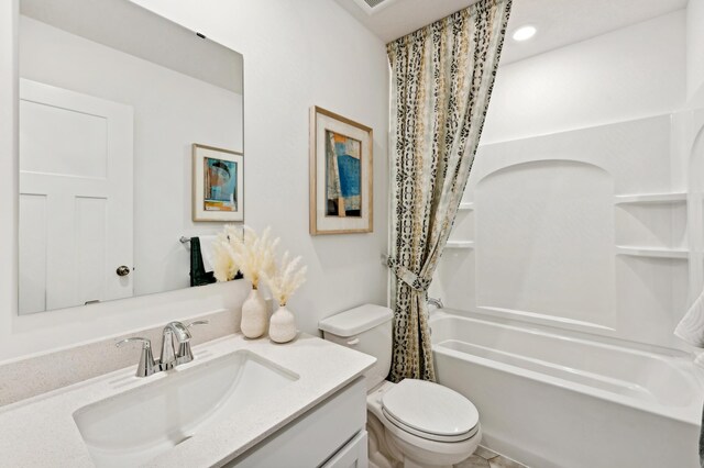 full bathroom featuring recessed lighting, toilet, vanity, and shower / bath combination with curtain