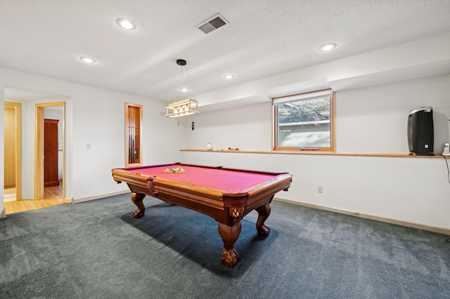 game room with visible vents, baseboards, carpet floors, recessed lighting, and a textured ceiling