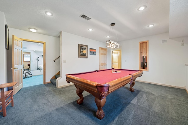 recreation room with visible vents, billiards, recessed lighting, carpet, and baseboards