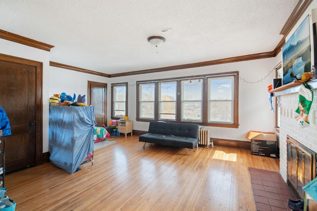 living area featuring light wood finished floors, a fireplace, radiator heating unit, and a wealth of natural light