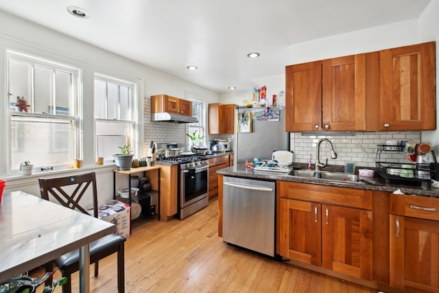 kitchen featuring brown cabinets, a sink, under cabinet range hood, stainless steel appliances, and light wood-style floors