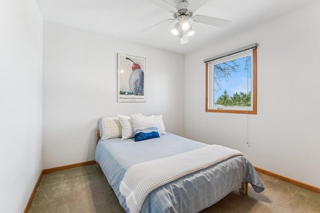 bedroom with baseboards, carpet, and ceiling fan