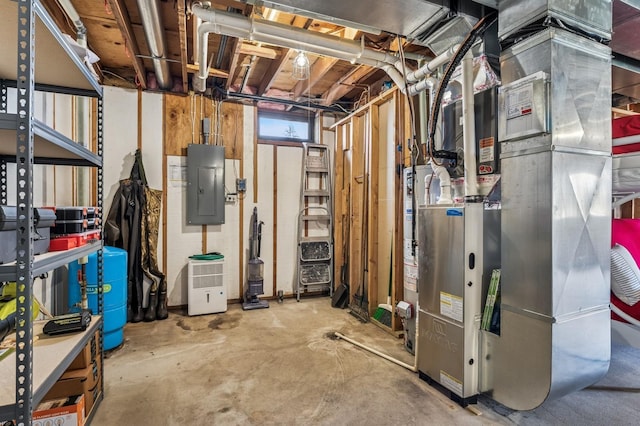 unfinished basement featuring heating unit and electric panel