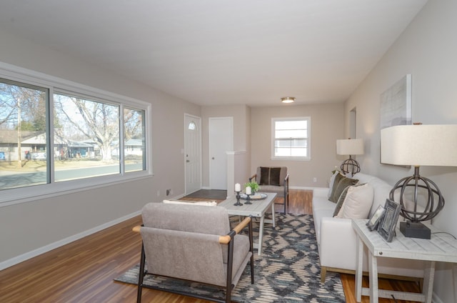 living room featuring wood finished floors and baseboards