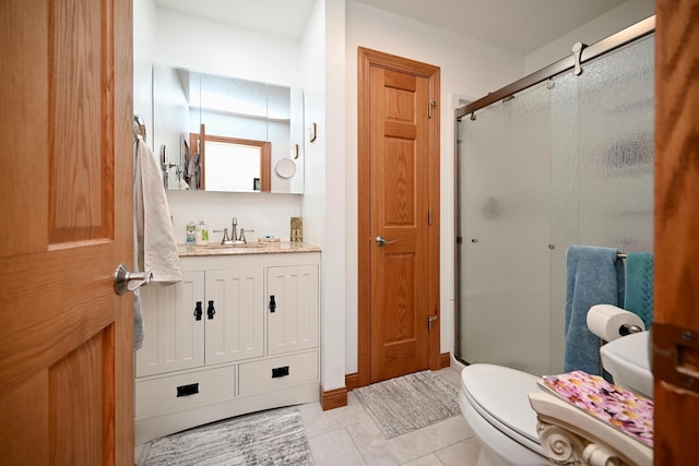 bathroom with tile patterned floors, a shower stall, toilet, and vanity