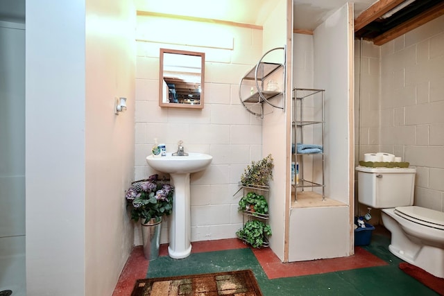 bathroom featuring concrete floors, toilet, concrete block wall, and a sink