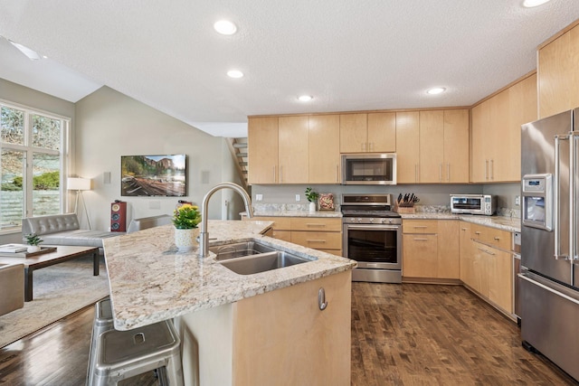 kitchen featuring light stone counters, light brown cabinets, a sink, dark wood-type flooring, and appliances with stainless steel finishes