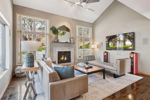 living area with lofted ceiling, wood finished floors, a wealth of natural light, and a premium fireplace