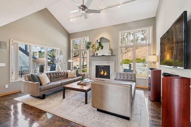 living room with a warm lit fireplace, wood finished floors, baseboards, and a wealth of natural light