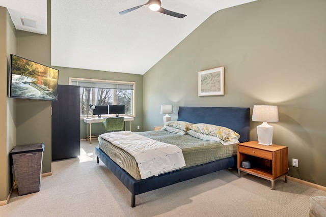 bedroom with visible vents, ceiling fan, baseboards, carpet, and lofted ceiling