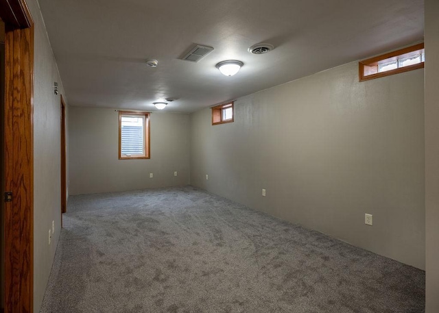 below grade area featuring visible vents and carpet floors