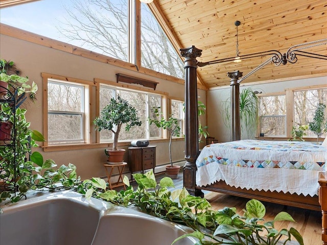 9529- 20th St, Saint Mathias Twp, MN 56449 - bedroom with wood finished floors, wooden ceiling, a baseboard heating unit, and multiple windows