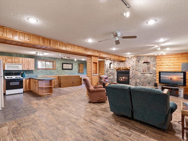 9529- 20th St, Saint Mathias Twp, MN 56449 - living room with track lighting, a textured ceiling, a stone fireplace, and dark wood-style flooring