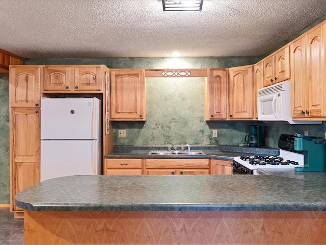 9529- 20th St, Saint Mathias Twp, MN 56449 - kitchen with a sink, a peninsula, white appliances, dark countertops, and a textured ceiling