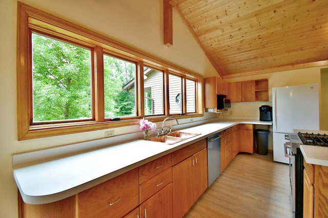 kitchen with open shelves, wood ceiling, light countertops, appliances with stainless steel finishes, and a sink