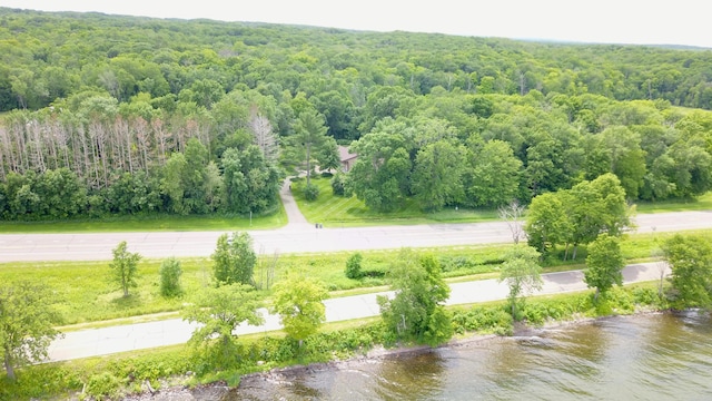 birds eye view of property featuring a water view and a wooded view