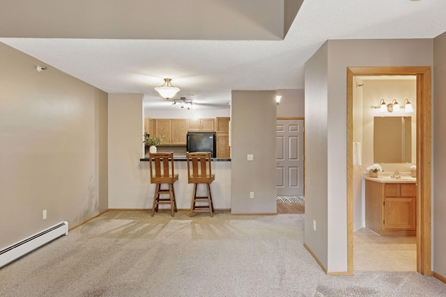 living area with a baseboard heating unit, light carpet, a textured ceiling, and baseboards