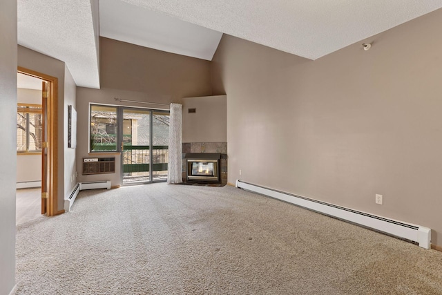 unfurnished living room with a wall mounted AC, a fireplace, vaulted ceiling, carpet flooring, and baseboard heating