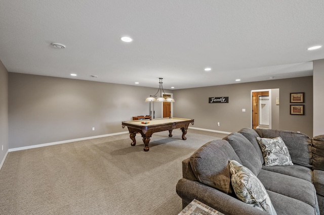 rec room with light colored carpet, recessed lighting, baseboards, a textured ceiling, and pool table