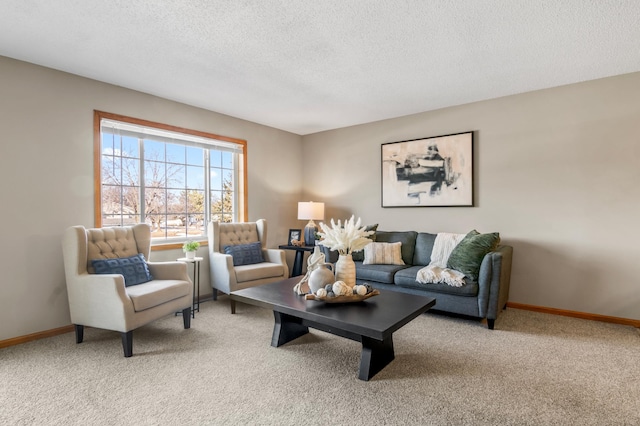 carpeted living room featuring baseboards and a textured ceiling