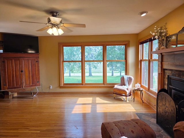 17634 240th St, Hutchinson Twp, MN 55350 - living area with wood finished floors, a fireplace, and ceiling fan